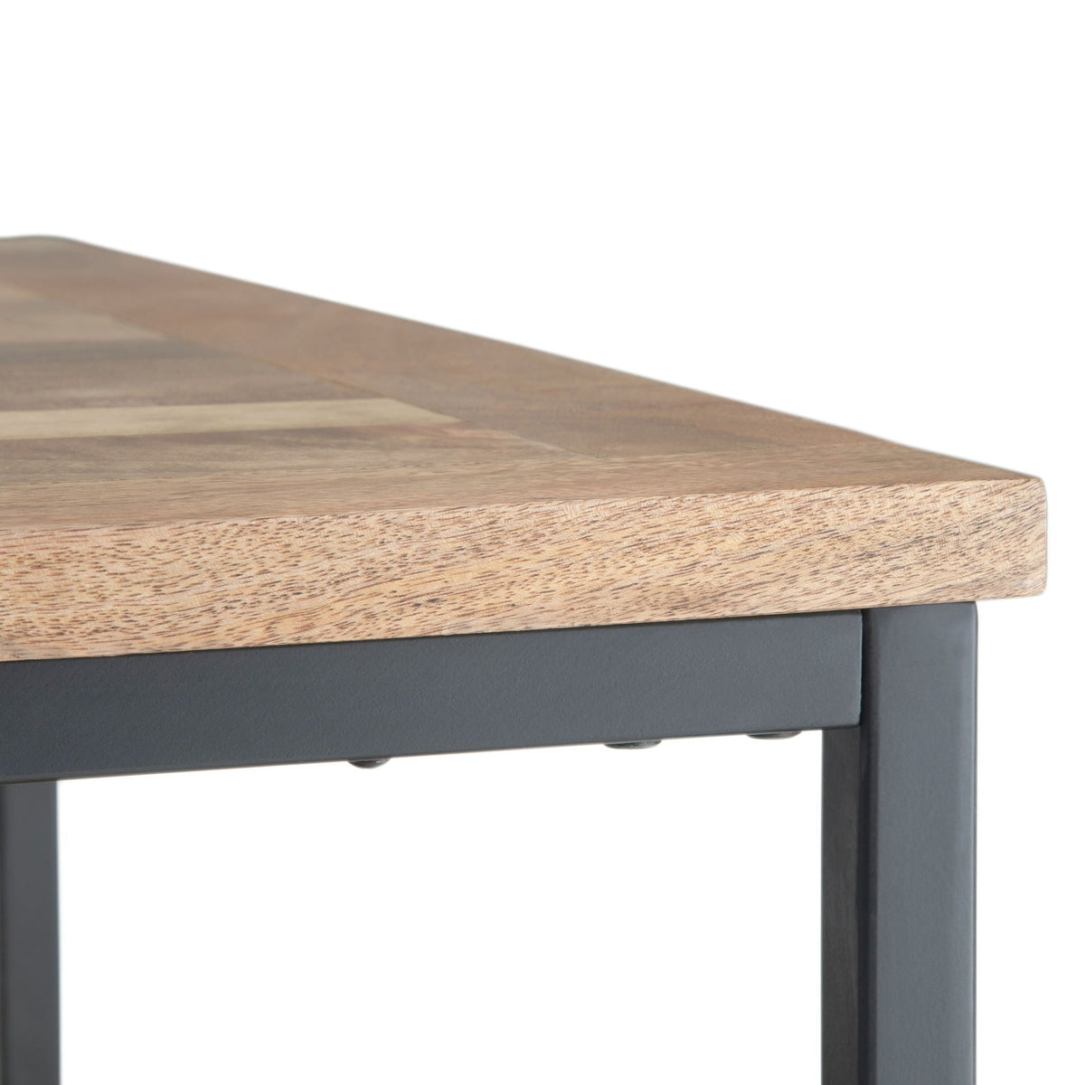Solid mango wood coffee table with light brown finish and dark metal legs on Tampa Home & Garden Store