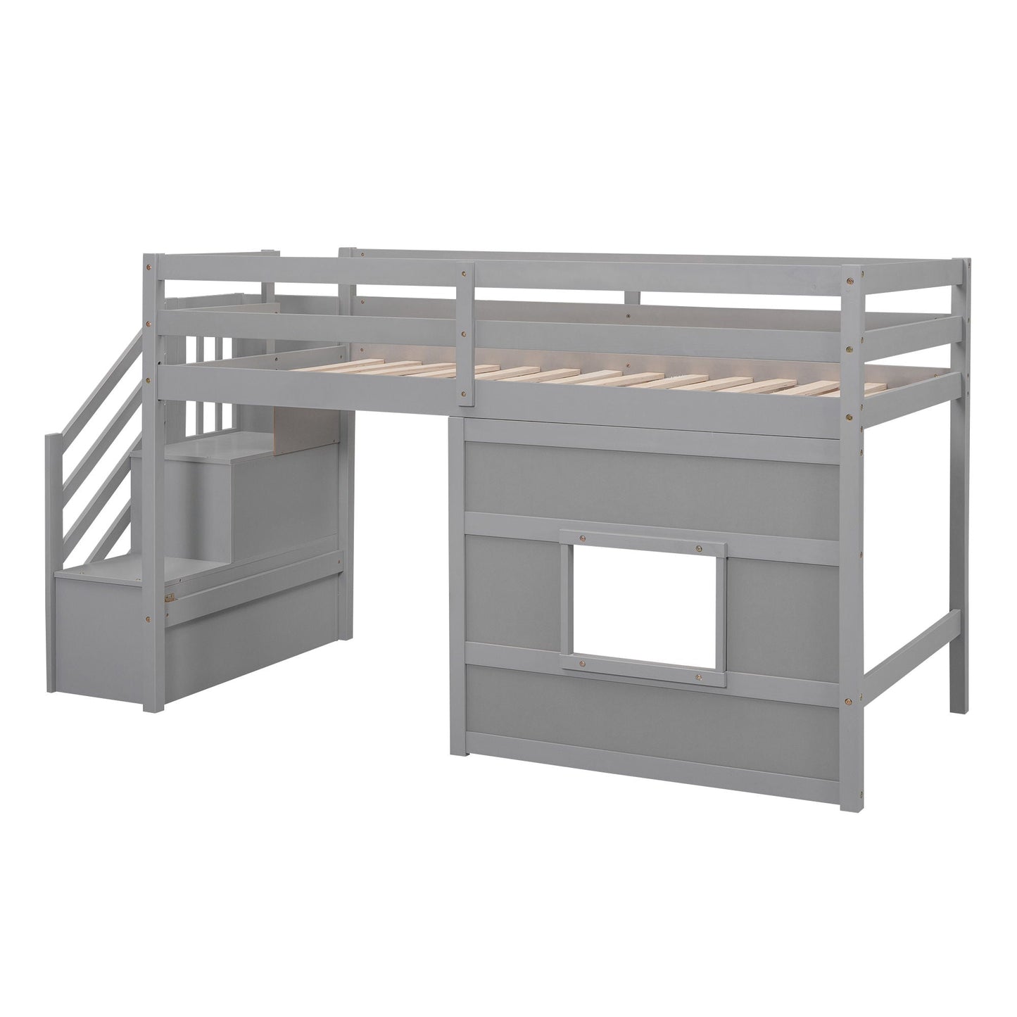 Loft Bed With Storage Staircase, gray finish, window panel and LED light on Tampa Home & Garden Store