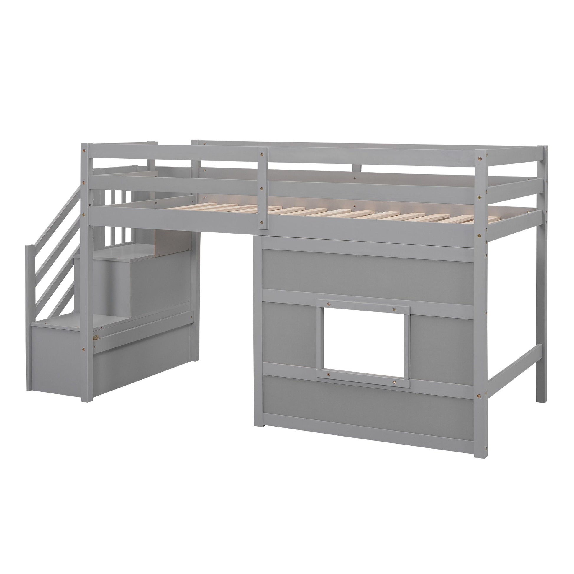 Loft Bed With Storage Staircase, gray finish, window panel and LED light on Tampa Home & Garden Store