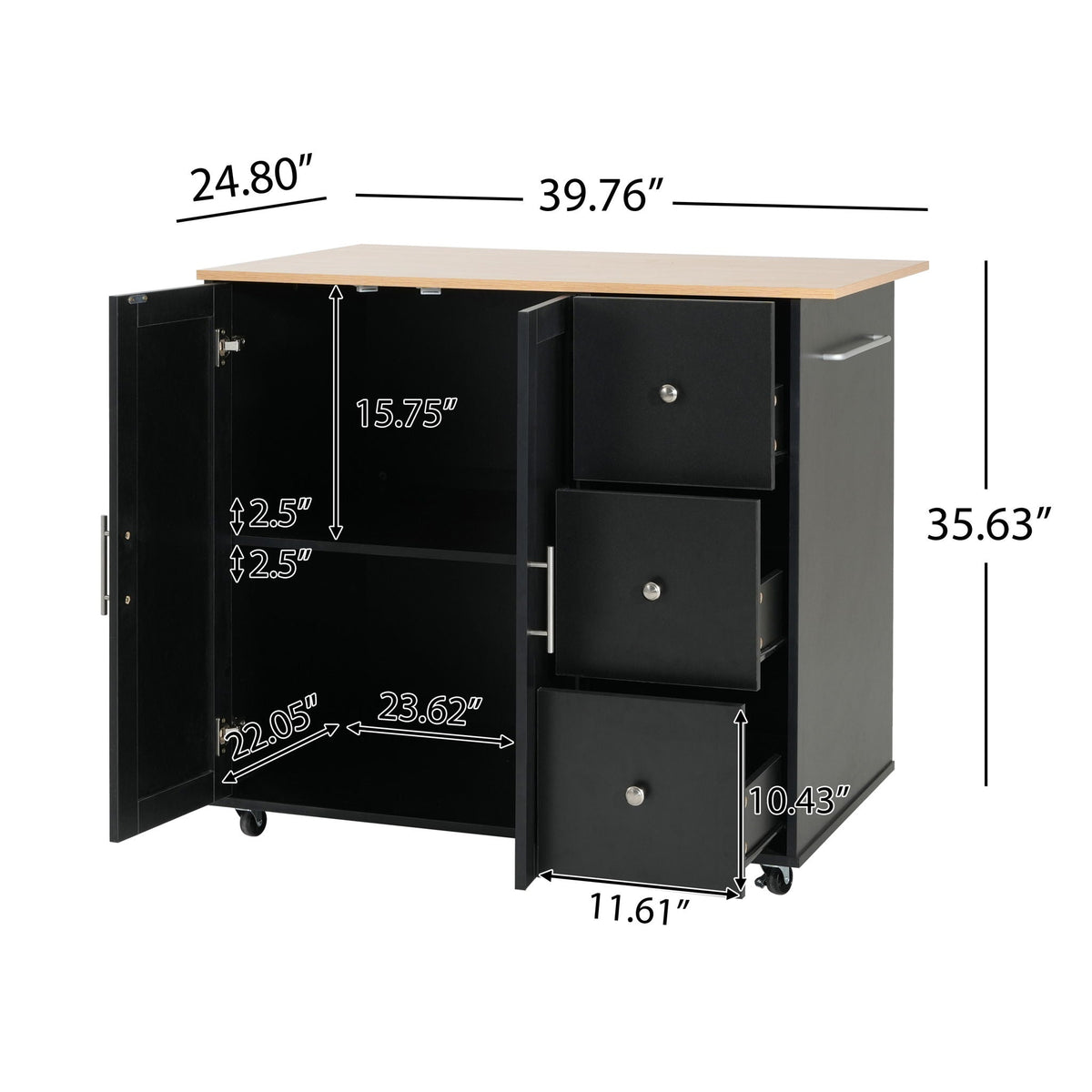 Mobile kitchen cart with storage, black body and natural wood top, 2 doors & 3 drawers, on wheels on Tampa Home & Garden Store