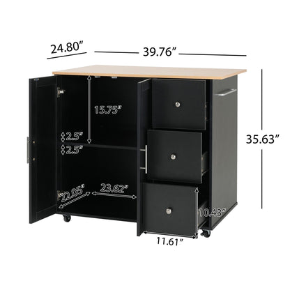 Mobile kitchen cart with storage, black body and natural wood top, 2 doors & 3 drawers, on wheels on Tampa Home & Garden Store