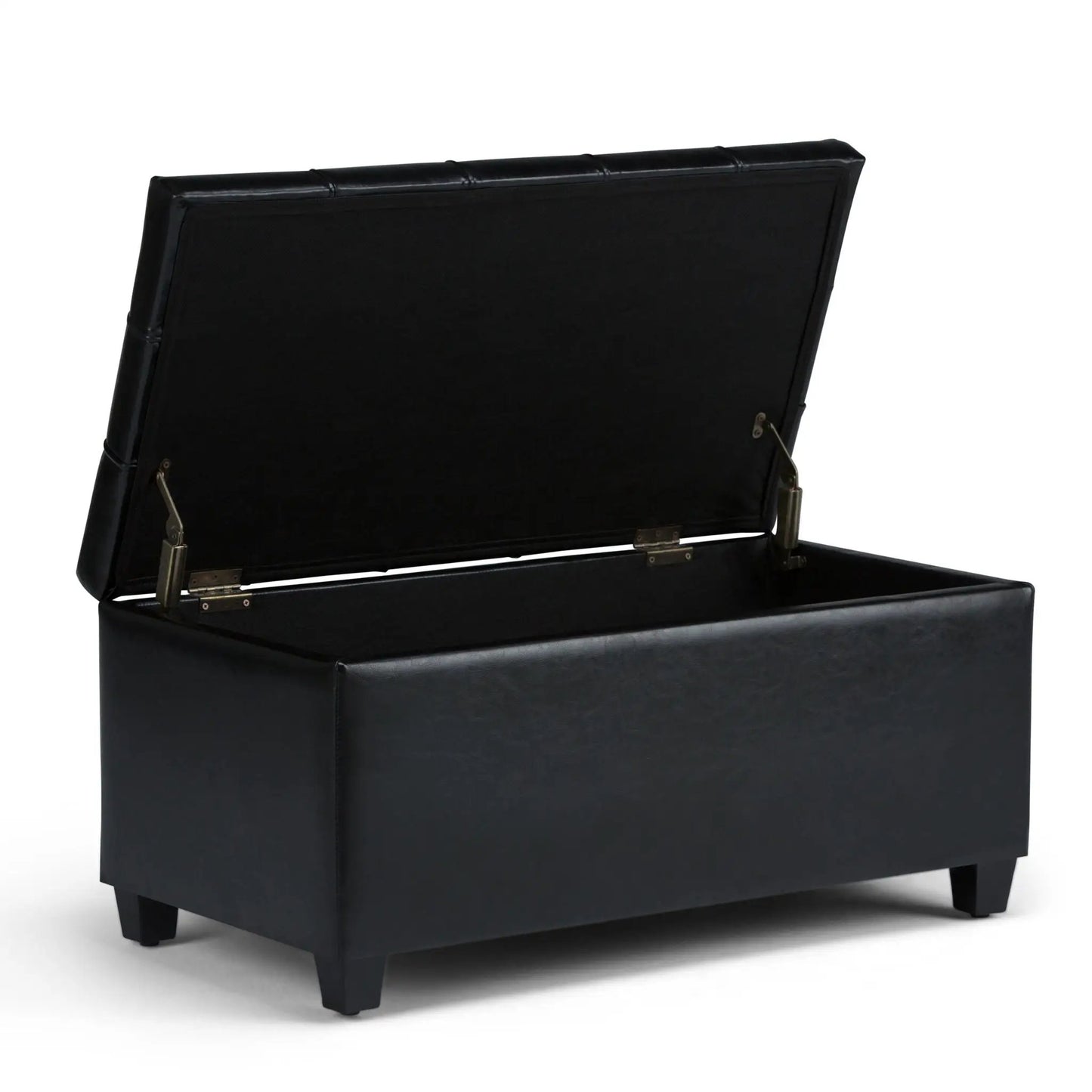 Sienna Upholstered Storage Ottoman Bench black faux leather with lift lid and metal hinges on Tampa Home & Garden Store