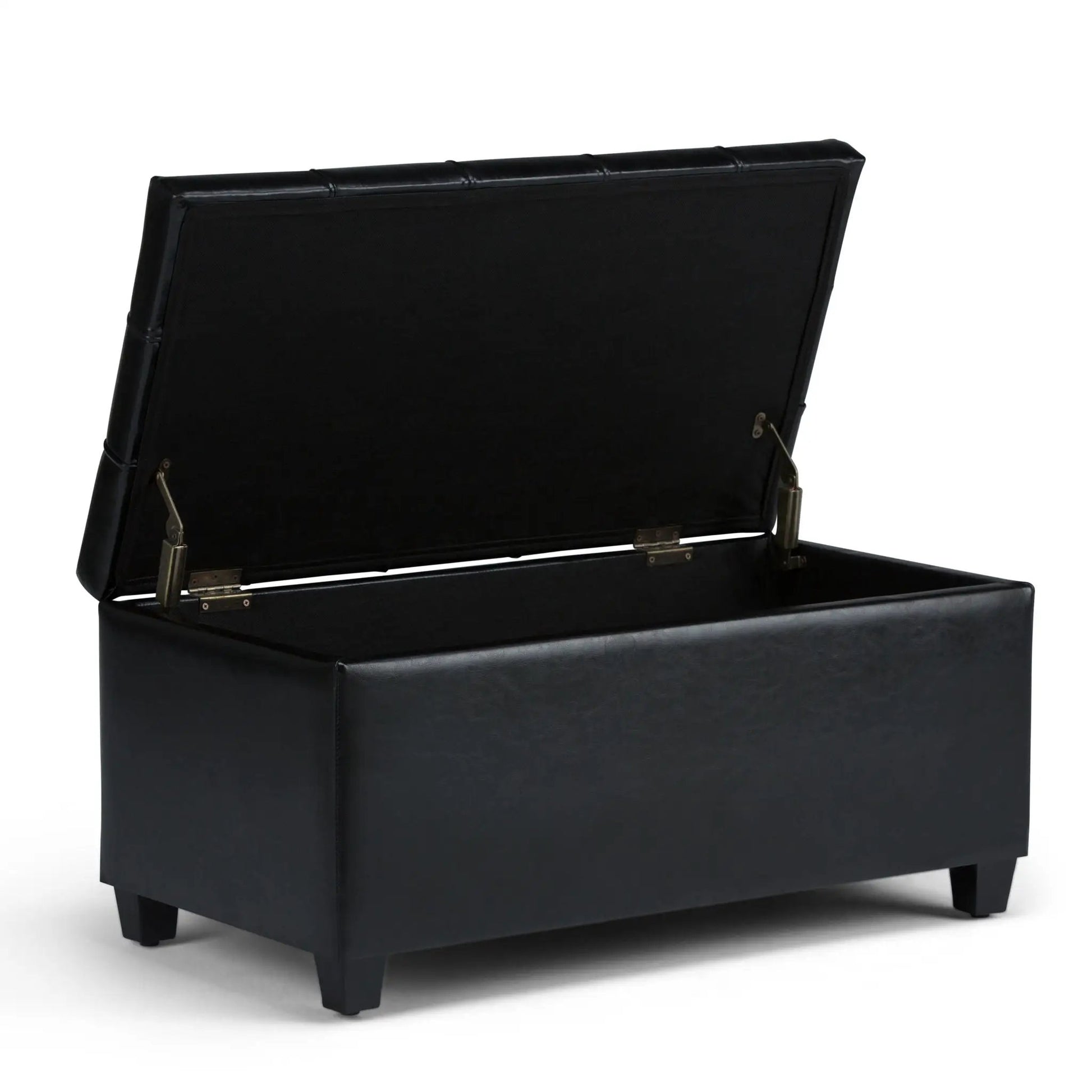 Sienna Upholstered Storage Ottoman Bench black faux leather with lift lid and metal hinges on Tampa Home & Garden Store