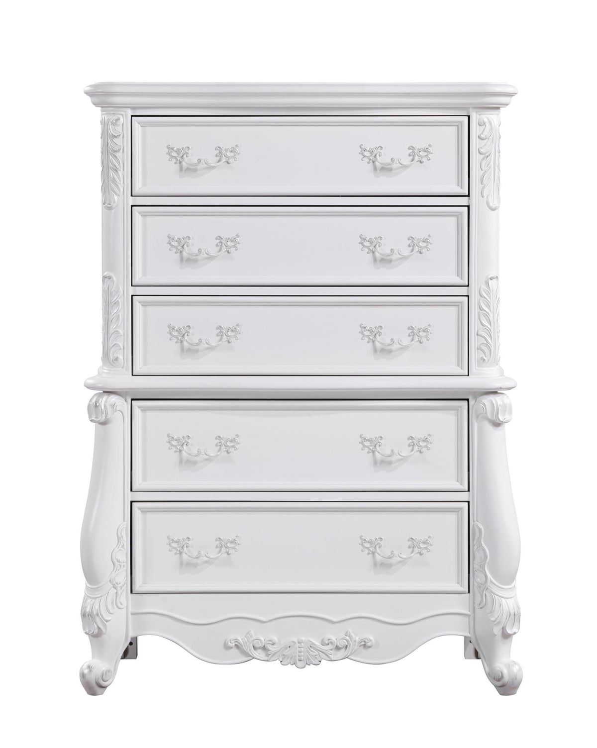 Latisha White Accent Chest with Storage Drawers, white ornate chest with carved sides on Tampa Home & Garden Store