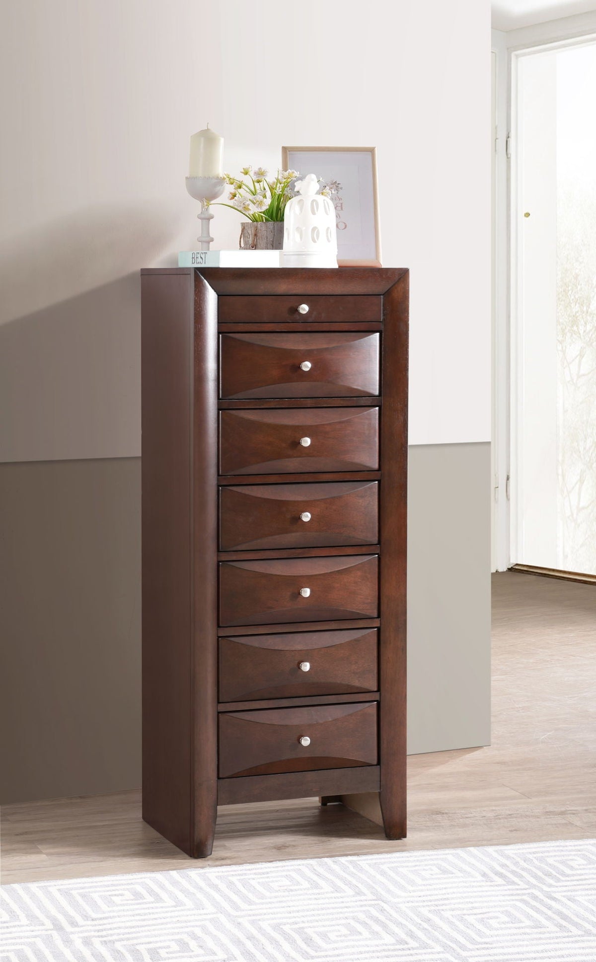7 Drawer Lingerie Chest by HouseOfZazla in dark wood with silver knobs on Tampa Home & Garden Store