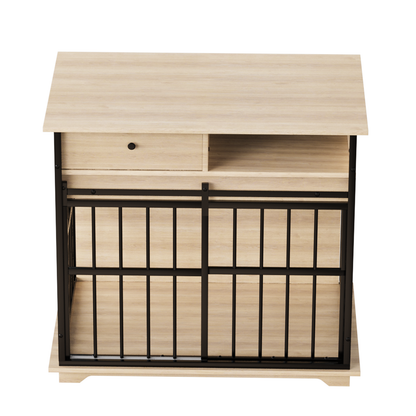Dog cage furniture for small dogs HouseOfZazla wood-top kennel with drawer and shelf black bars on Tampa Home & Garden Store