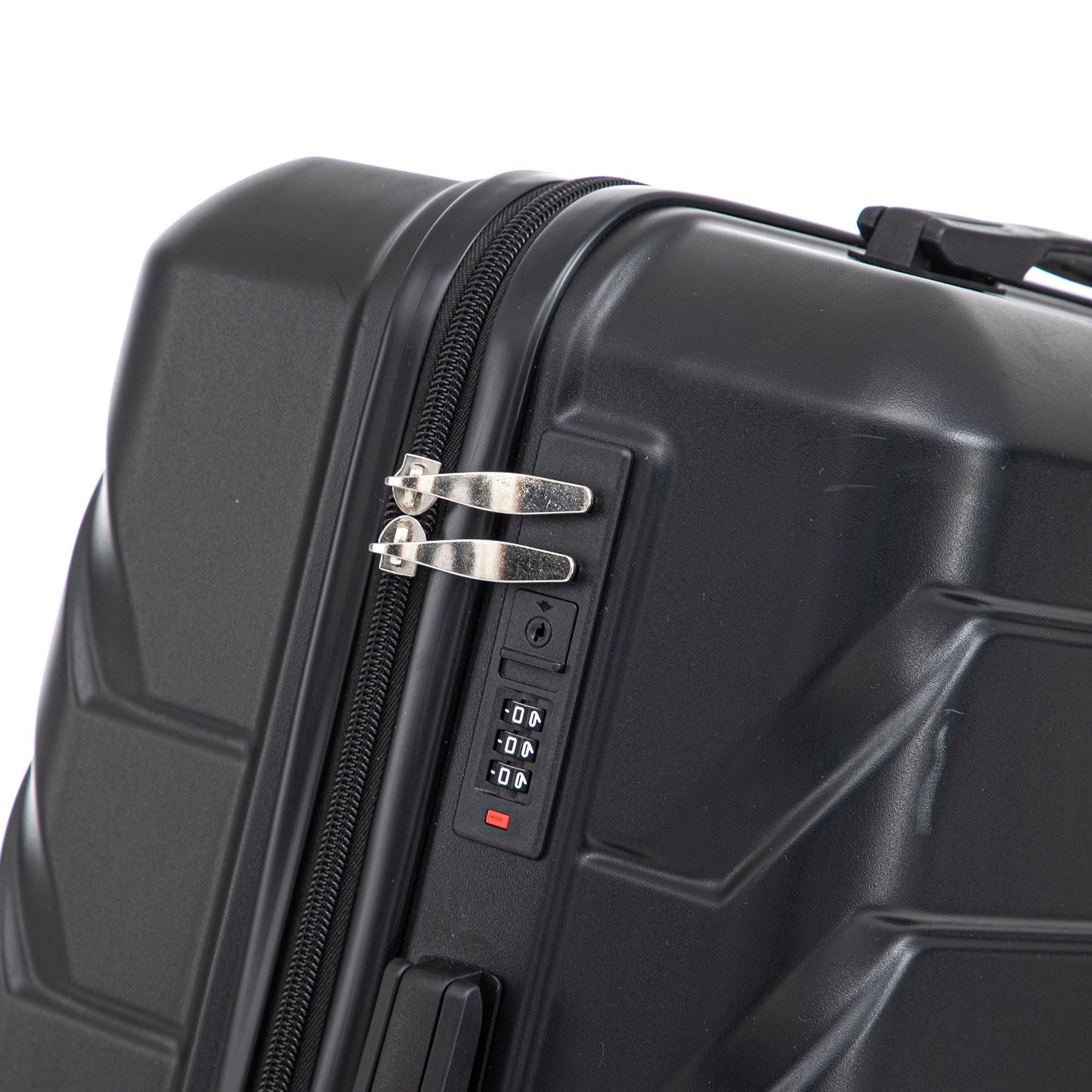 3-piece spinner luggage set black hard-shell with combination lock, close-up of dual zippers on Tampa Home & Garden Store