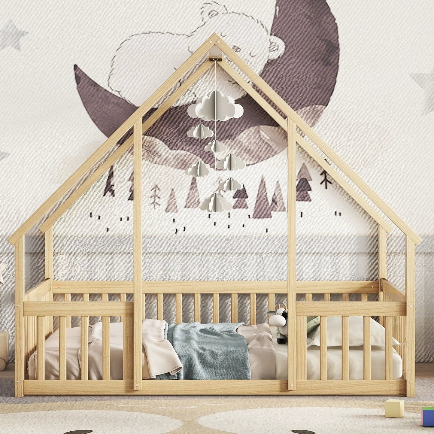 Wood house-shaped floor bed with fence guardrails in natural finish on Tampa Home & Garden Store