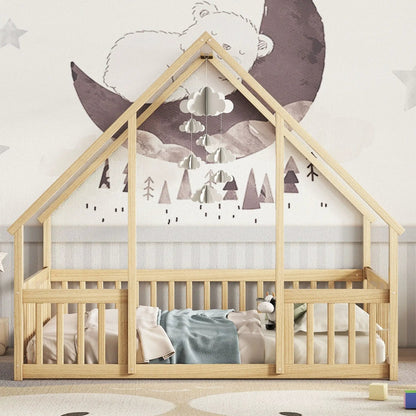 Wood house-shaped floor bed with fence guardrails in natural finish on Tampa Home & Garden Store