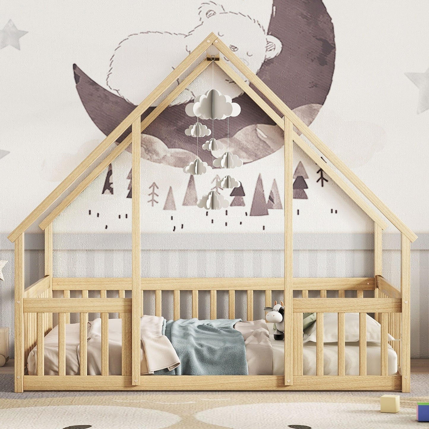 A Wood House Floor Bed with Guardrail Fence
