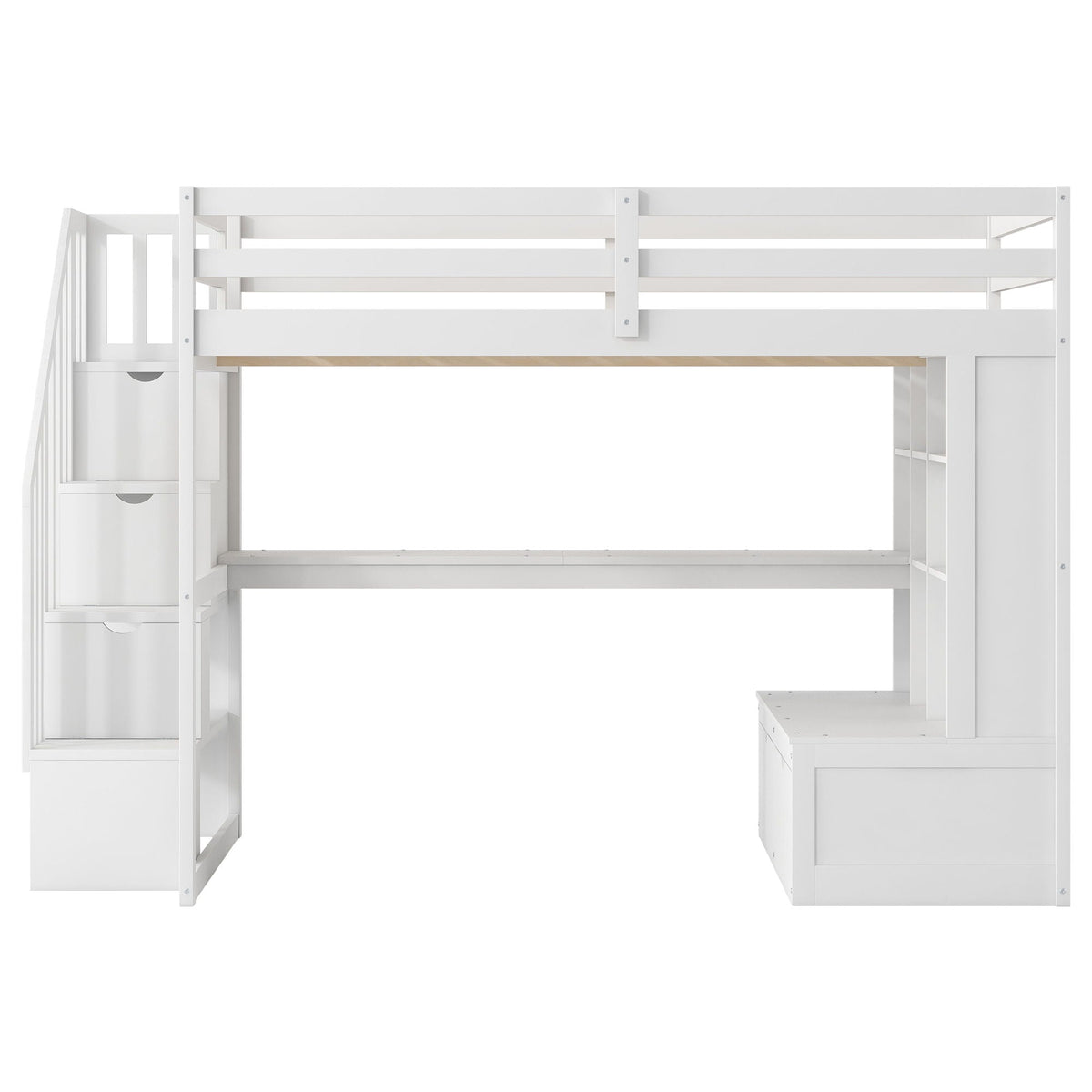 Full-size loft bed in white with desk, shelves, storage staircase, and 2 built-in drawers on Tampa Home & Garden Store
