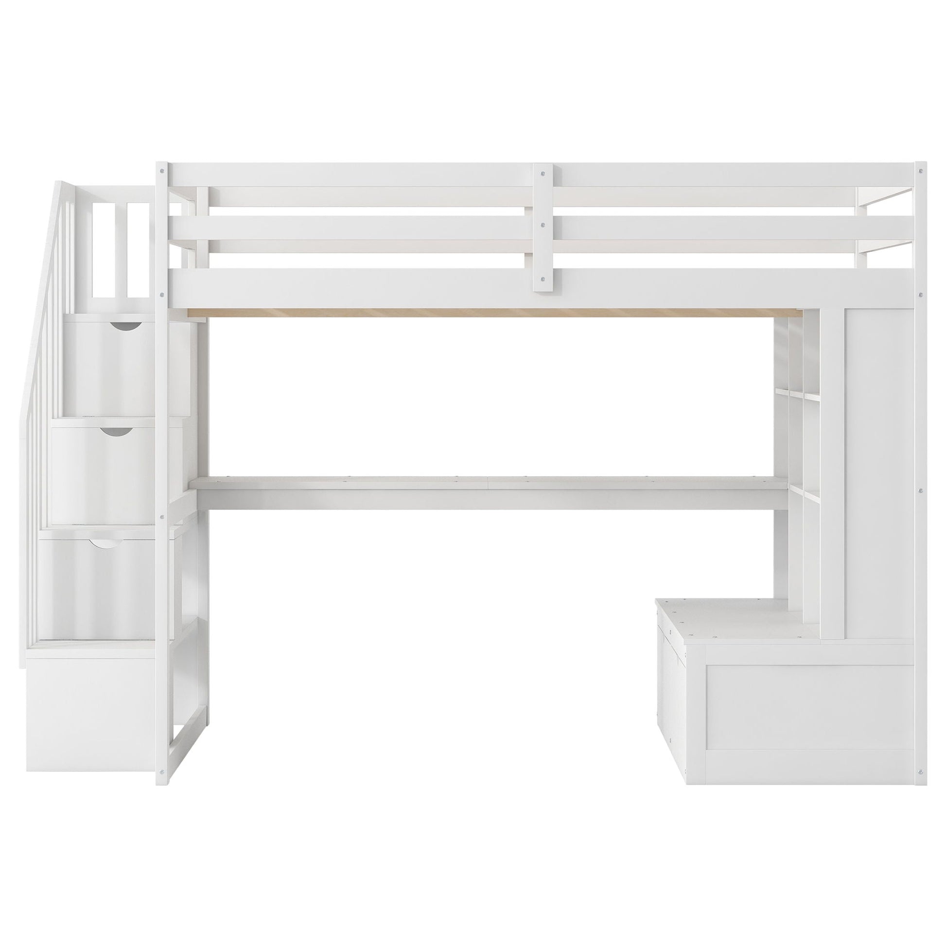 Full-size loft bed in white with desk, shelves, storage staircase, and 2 built-in drawers on Tampa Home & Garden Store