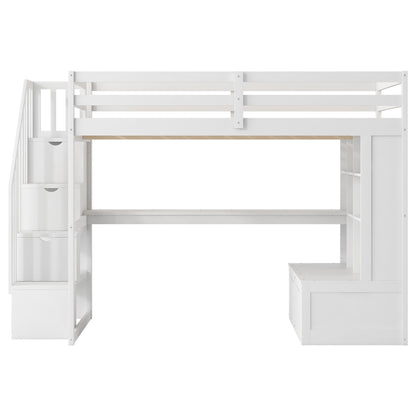Full-size loft bed in white with desk, shelves, storage staircase, and 2 built-in drawers on Tampa Home & Garden Store