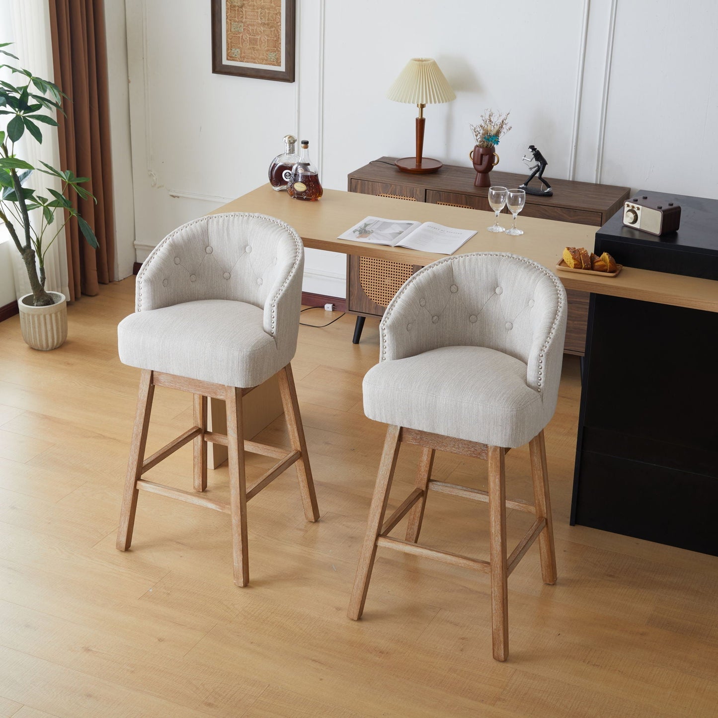 360 Degree Rotation Swivel Counter Stools (Set of 2), gray tufted fabric seats with wooden legs on Tampa Home & Garden Store