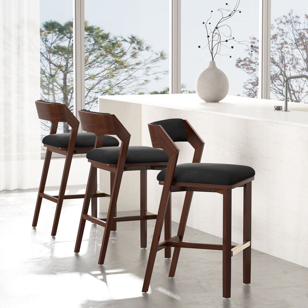 Bar Height Barstool with Backrest, dark walnut wood frame and black cushion, set of 4 on Tampa Home & Garden Store