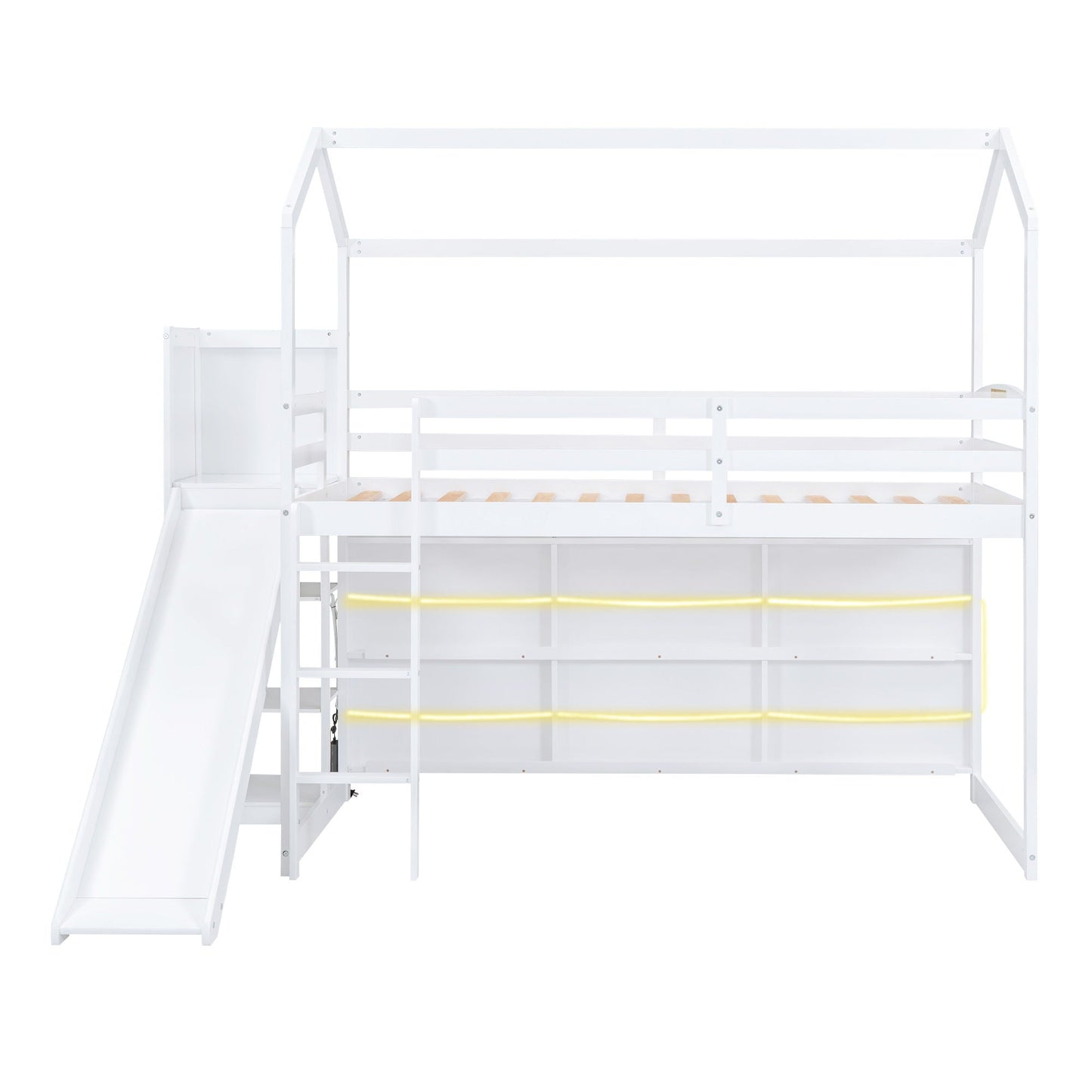 House Loft Bed with Slide, white finish, storage shelves and LED light by HouseOfZazla on Tampa Home & Garden Store
