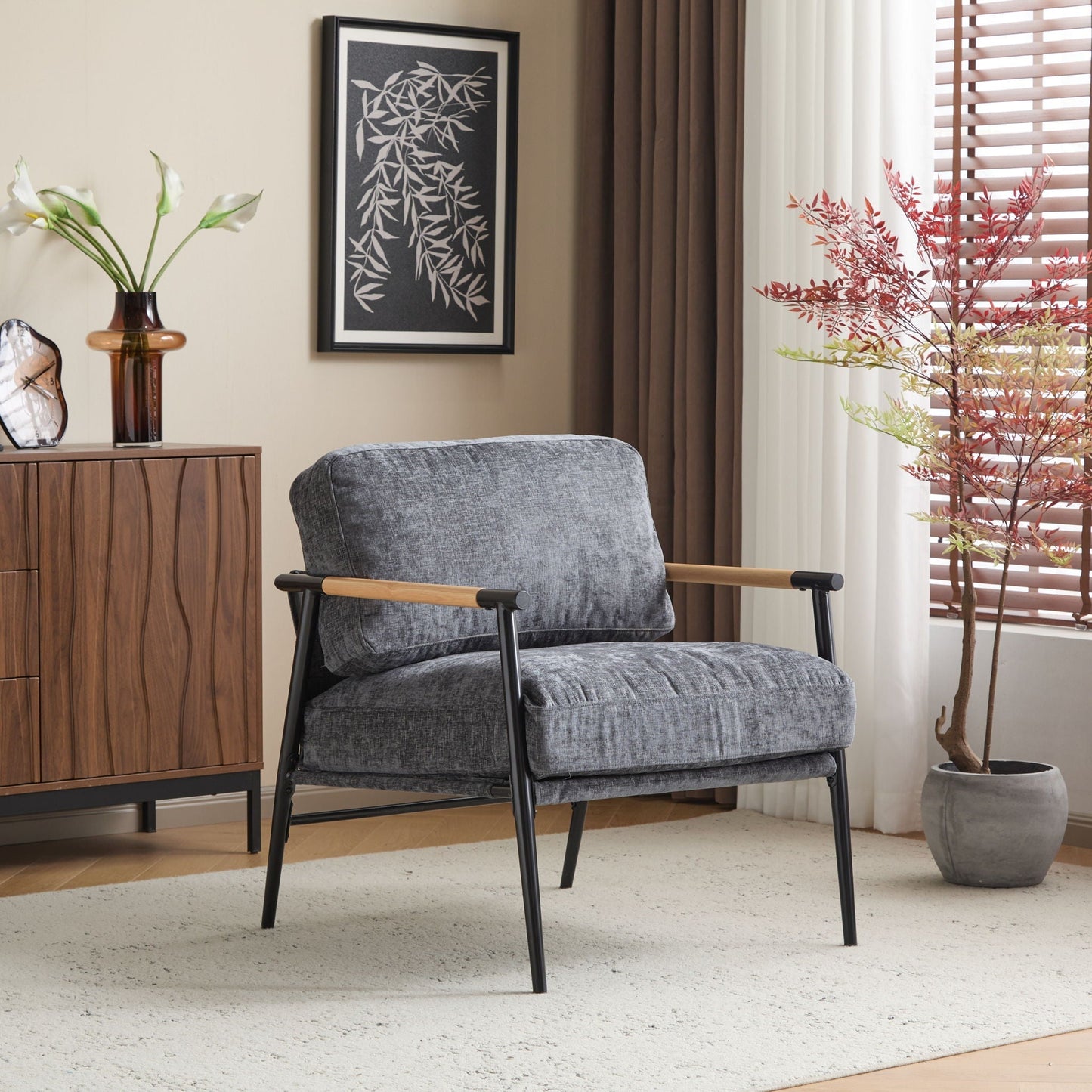 HouseOfZazla Modern Accent Chair with plush cushions, grey fabric and wooden armrests on Tampa Home & Garden Store