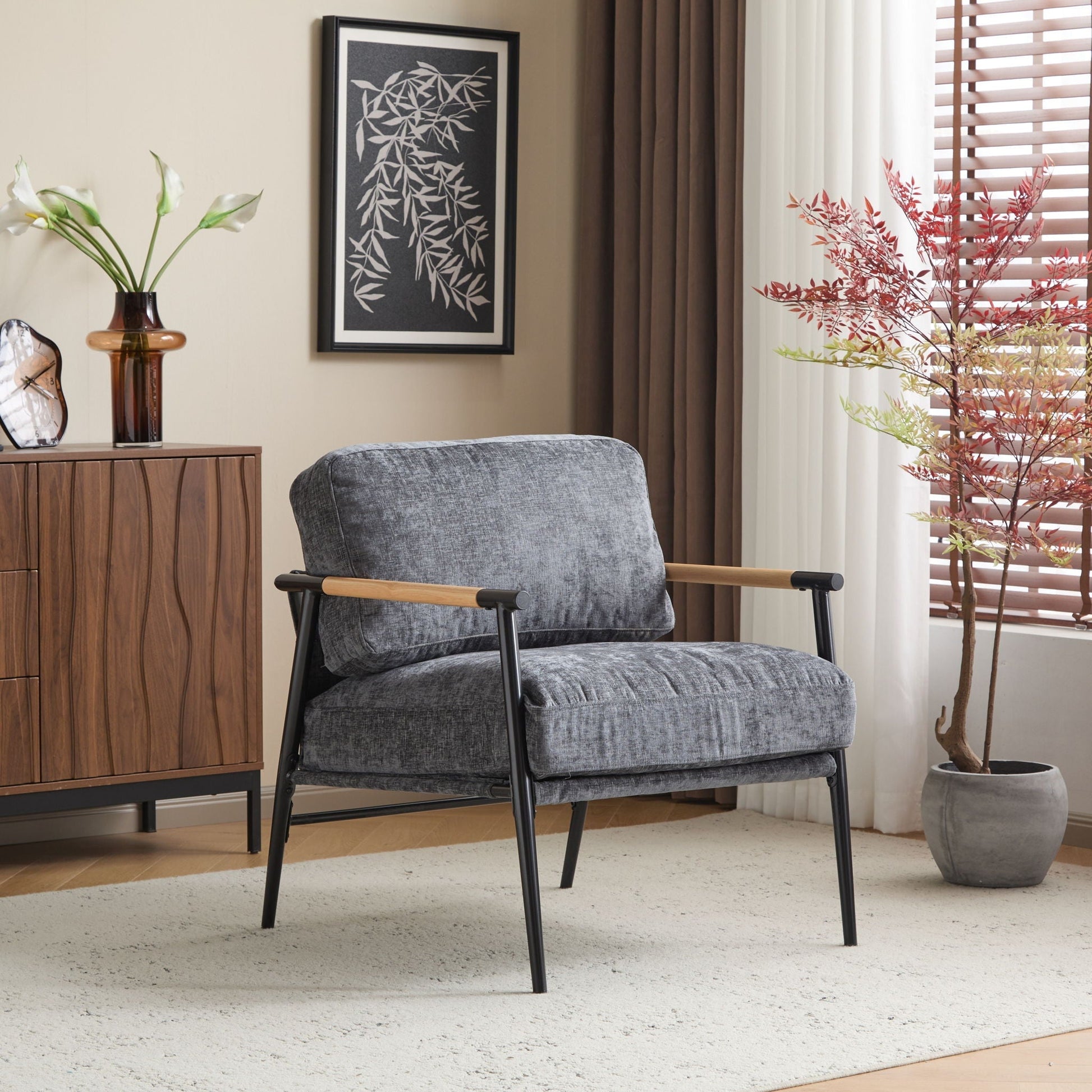 HouseOfZazla Modern Accent Chair with plush cushions, grey fabric and wooden armrests on Tampa Home & Garden Store