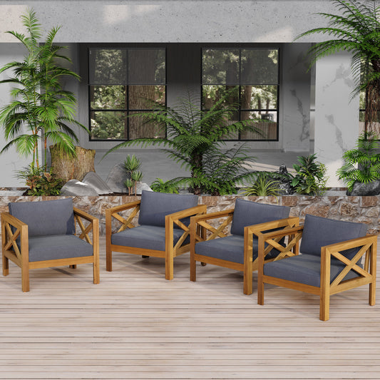 Outdoor Acacia Wood Club Armchairs with dark gray cushions set of 4 HouseOfZazla on Tampa Home & Garden Store