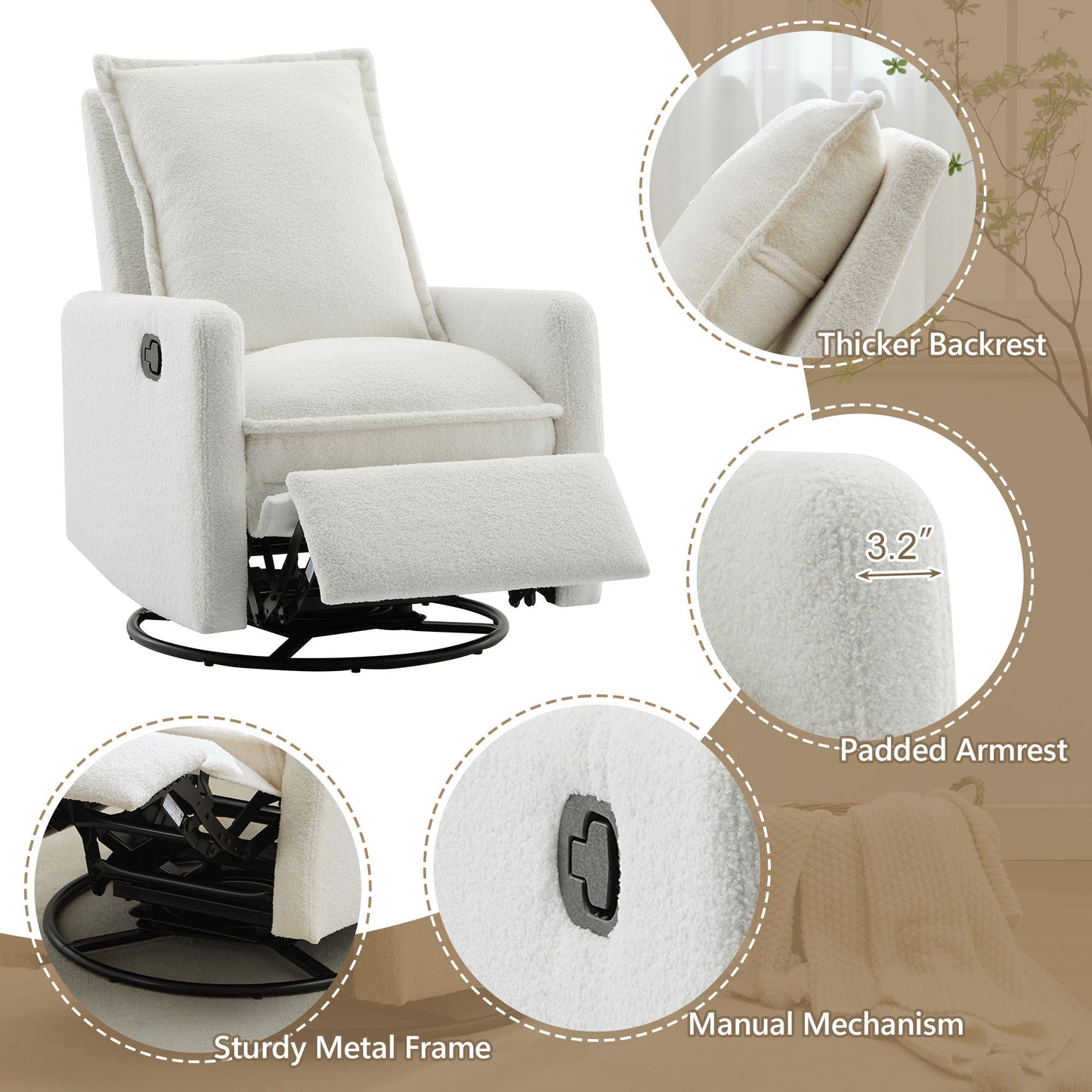 Cozy Swivel Glider Recliner Chair and Leg Rest