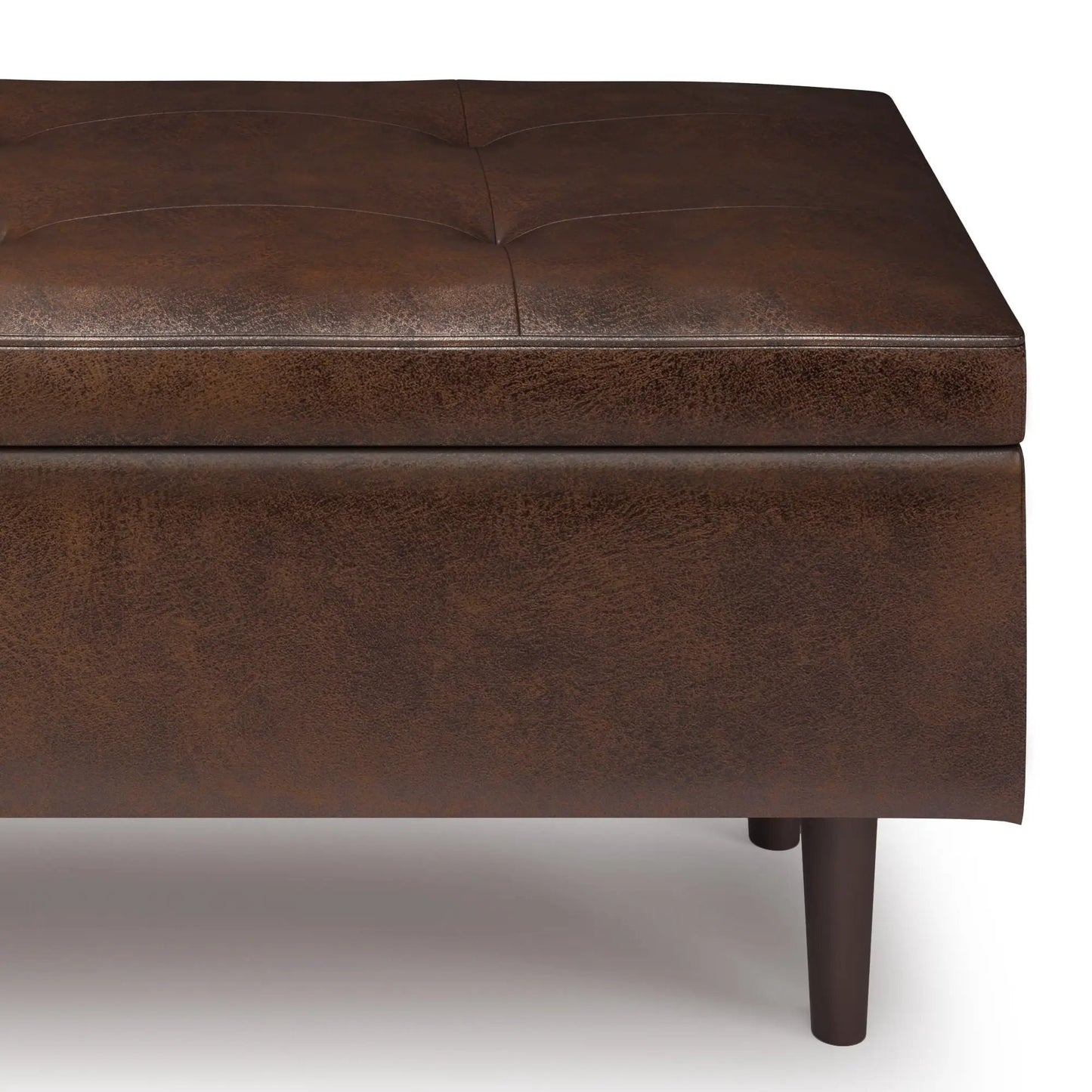 Shay large square mid-century storage ottoman in distressed brown leather with dark wood legs on Tampa Home & Garden Store