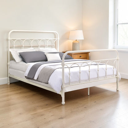 Citron Full Bed white metal panel design by HouseOfZazla curved headboard/footboard with bedding on Tampa Home & Garden Store