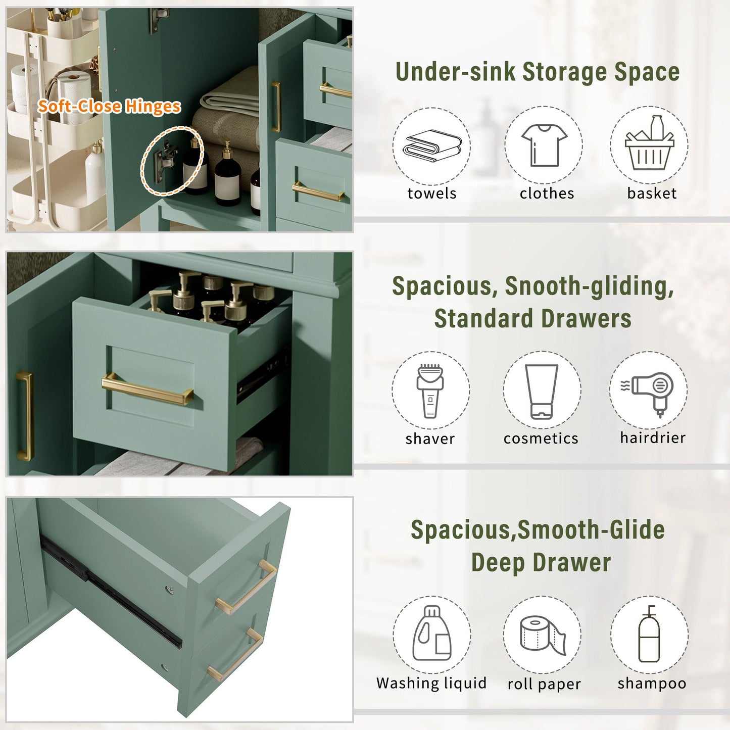 HouseOfZazla teal bathroom vanity with sink, soft-close hinges and deep storage drawers on Tampa Home & Garden Store