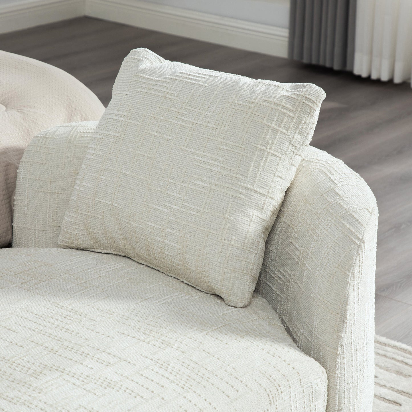 77.17in Wide Modern Upholstered End of Bed Bench with two cream textured cushions on Tampa Home & Garden Store
