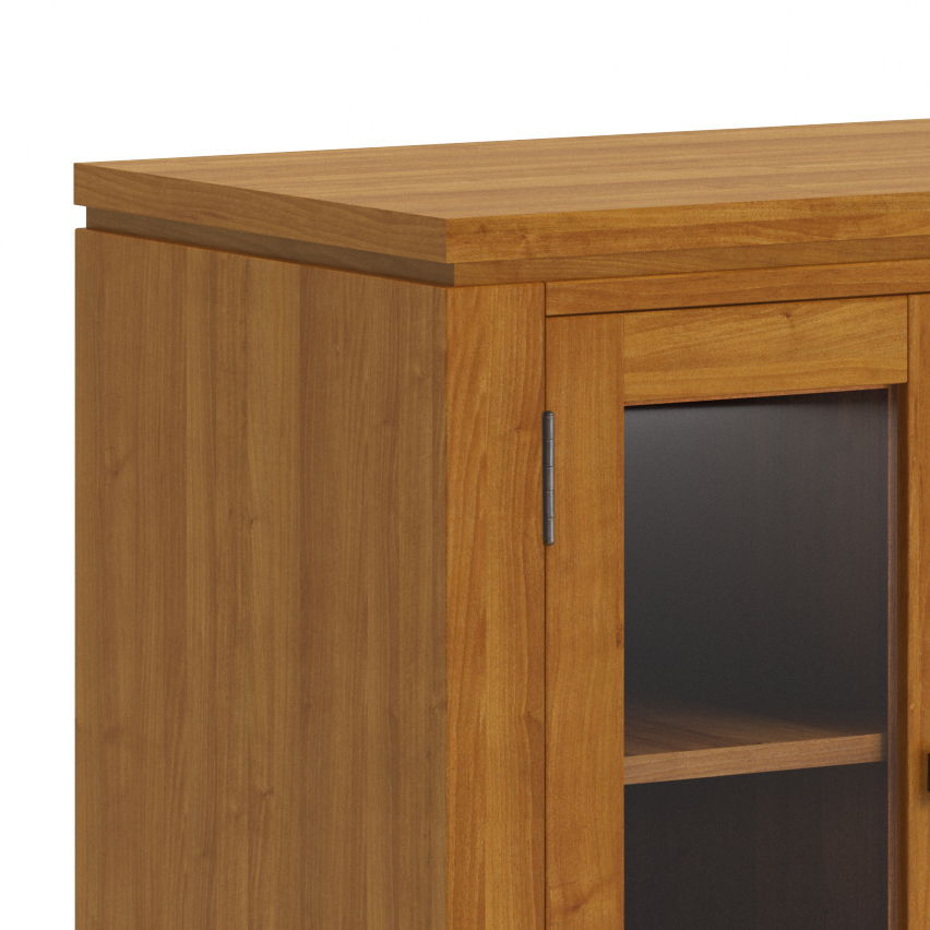 Wide handcrafted solid wood media stand with glass-front cabinet and shelf, natural finish on Tampa Home & Garden Store