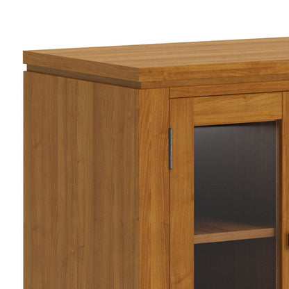 Wide handcrafted solid wood media stand with glass-front cabinet and shelf, natural finish on Tampa Home & Garden Store