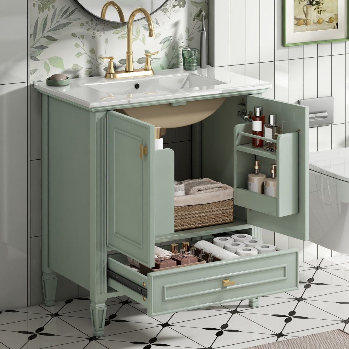Freestanding vanity with soft-close doors in sage green gold faucet HouseOfZazla on Tampa Home & Garden Store