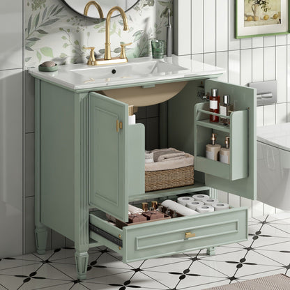 Freestanding vanity with soft-close doors in sage green gold faucet HouseOfZazla on Tampa Home & Garden Store