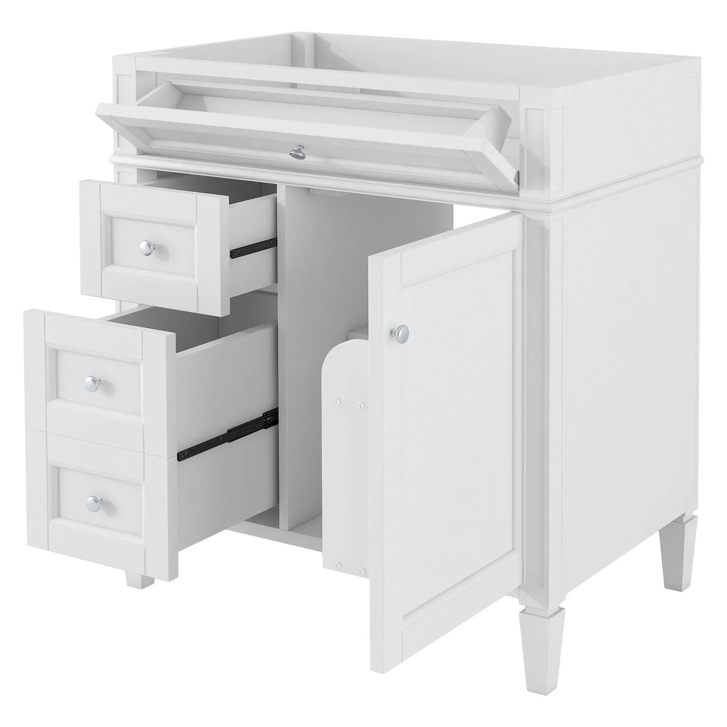White bathroom vanity base with 2 drawers and tip-out drawer storage cabinet on Tampa Home & Garden Store