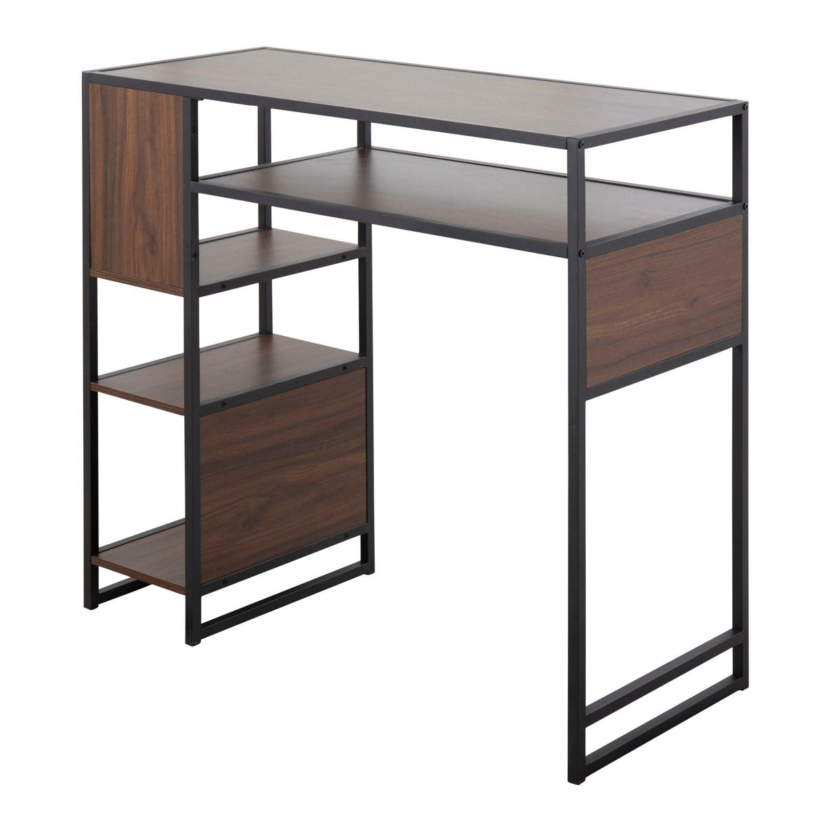 Farmhouse bar height table with storage in dark brown wood and black metal frame on Tampa Home & Garden Store