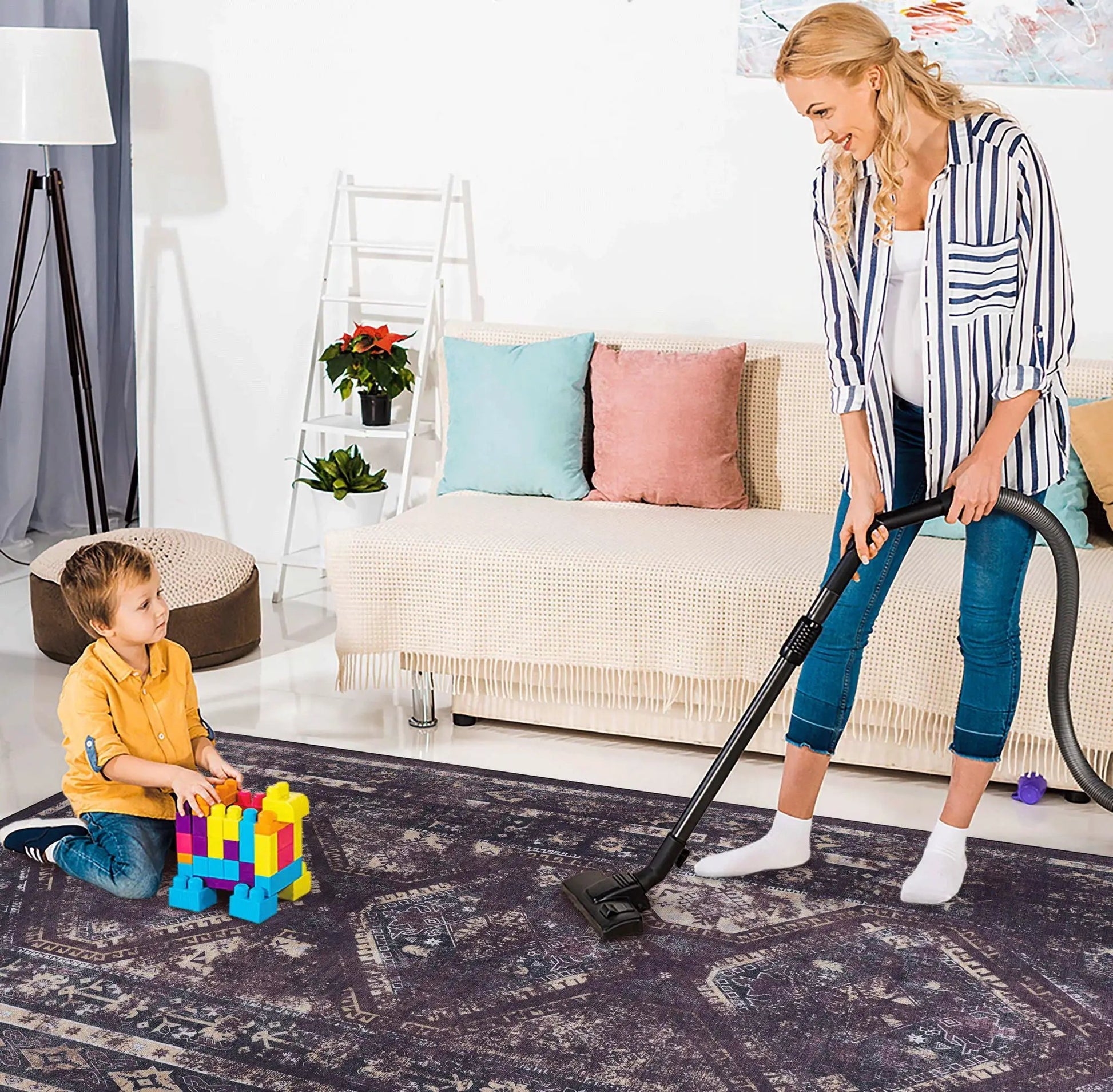 Maval washable rug, dark geometric pattern, area rug on Tampa Home & Garden Store