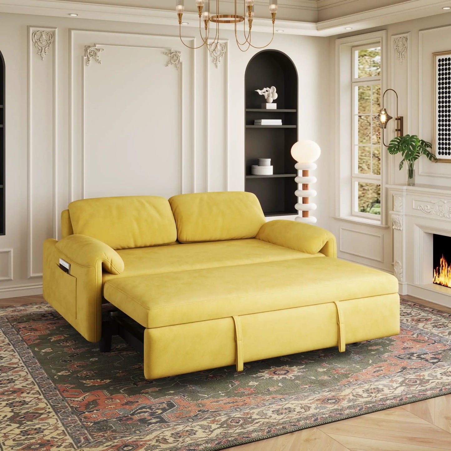 Sofa, Dual Purpose Sleeper With Retractable Queen Bed in yellow upholstery by Unique Piece on Tampa Home & Garden Store