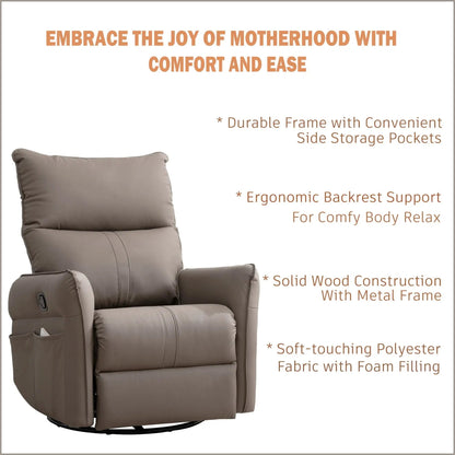 360° modern small rocking swivel recliner chair in taupe with side pocket on Tampa Home & Garden Store