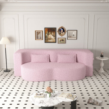Modern floor futon sofa in pink teddy fabric from HouseOfZazla, foam-filled bed with two pillows on Tampa Home & Garden Store