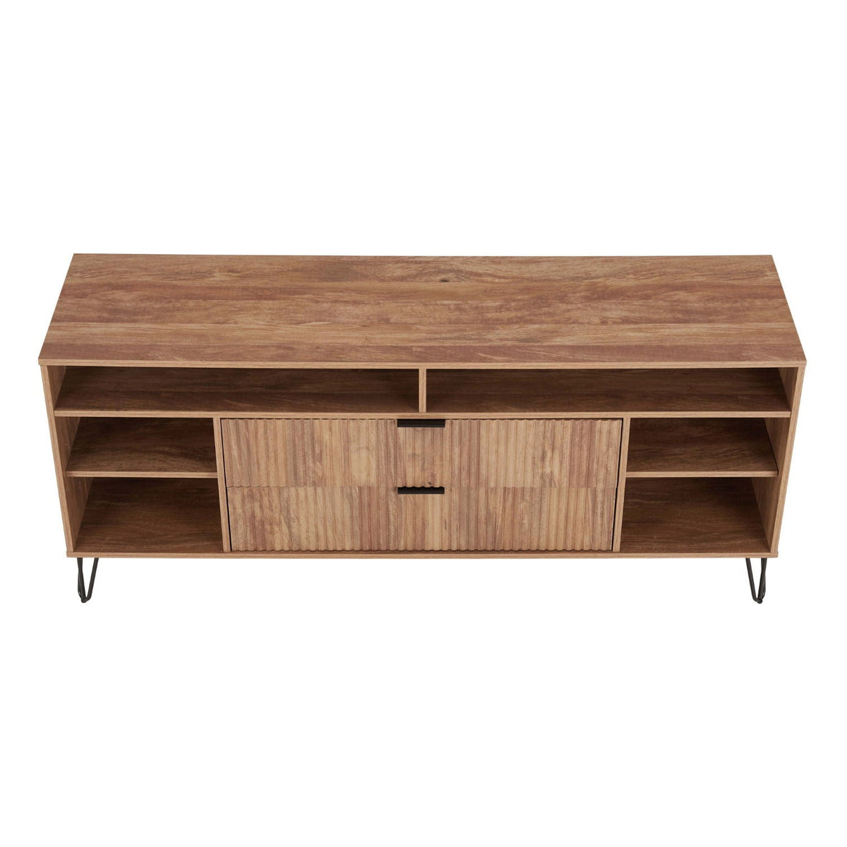 Fluted TV stand by HouseOfZazla with storage and metal legs, natural wood finish, open shelves on Tampa Home & Garden Store