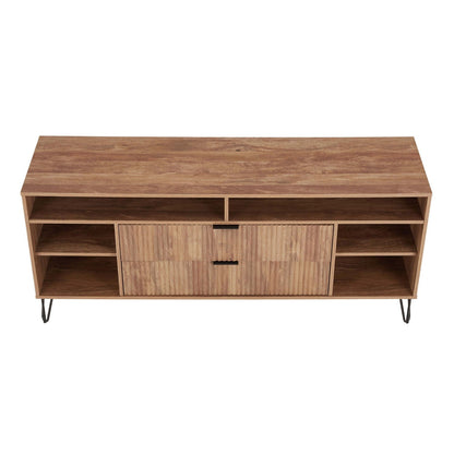 Fluted TV stand by HouseOfZazla with storage and metal legs, natural wood finish, open shelves on Tampa Home & Garden Store