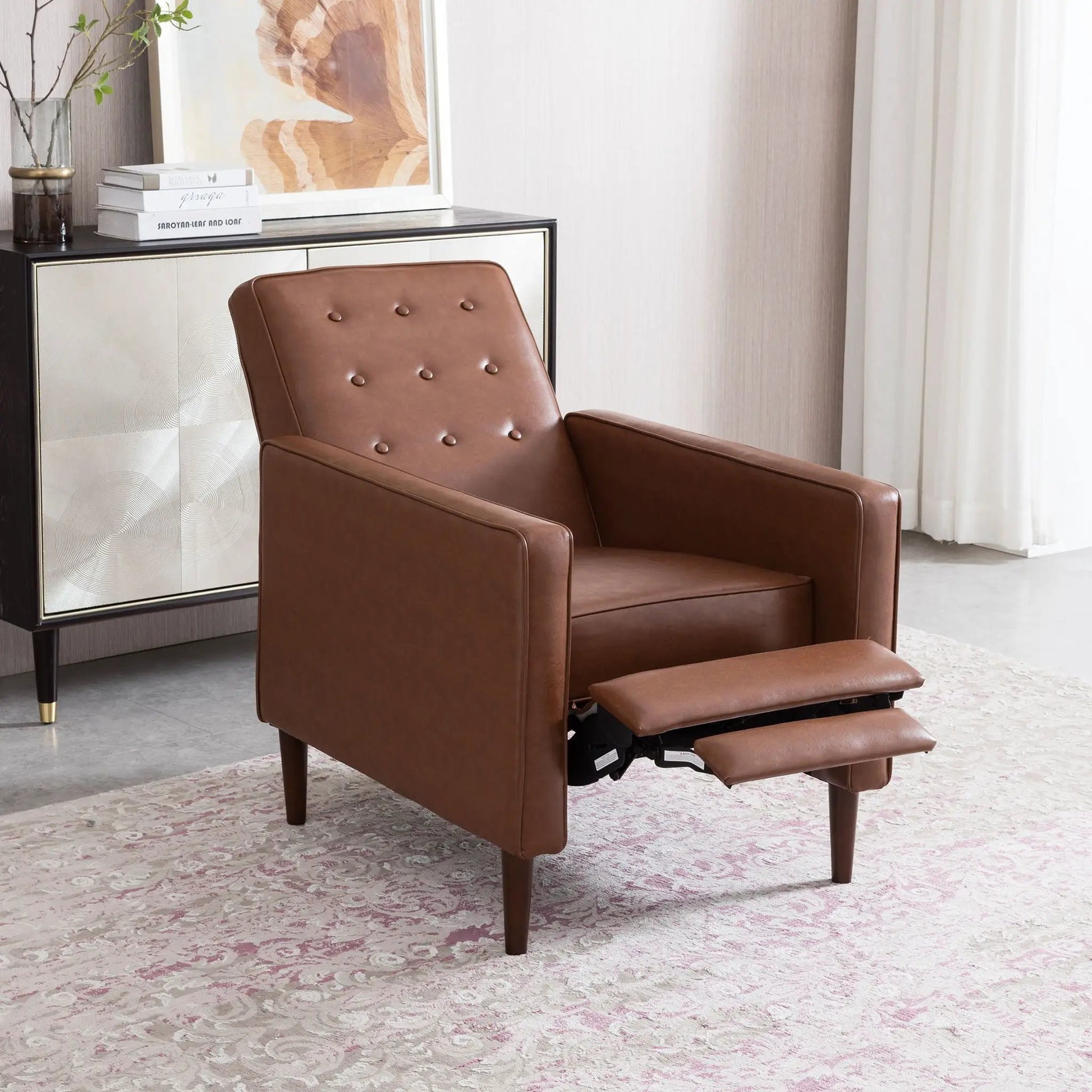 Mid-Century Modern brown leather recliner with button tufting by Unique Piece Furniture on Tampa Home & Garden Store