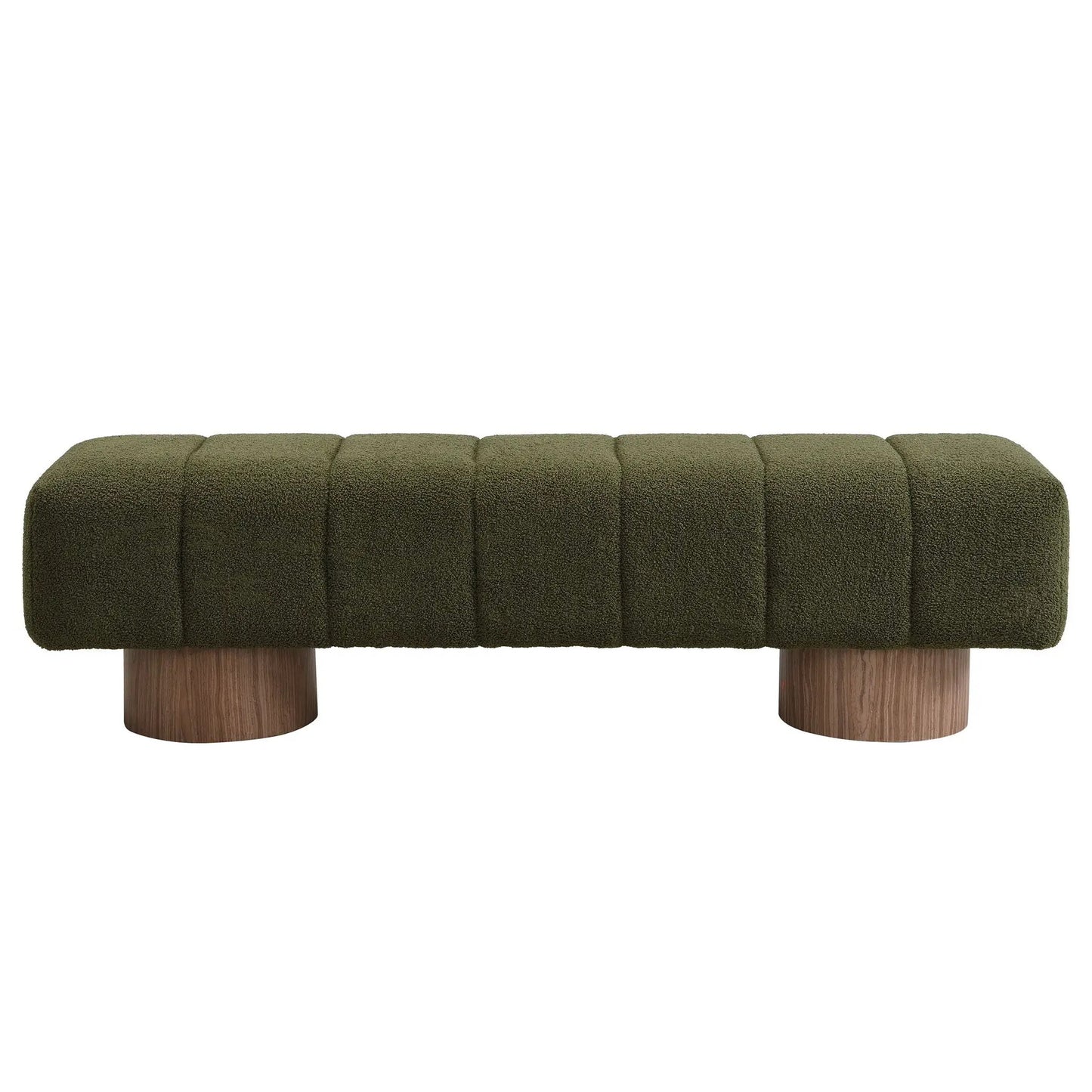 Upholstered dining bench olive green boucle with tufted sections and solid wood legs on Tampa Home & Garden Store