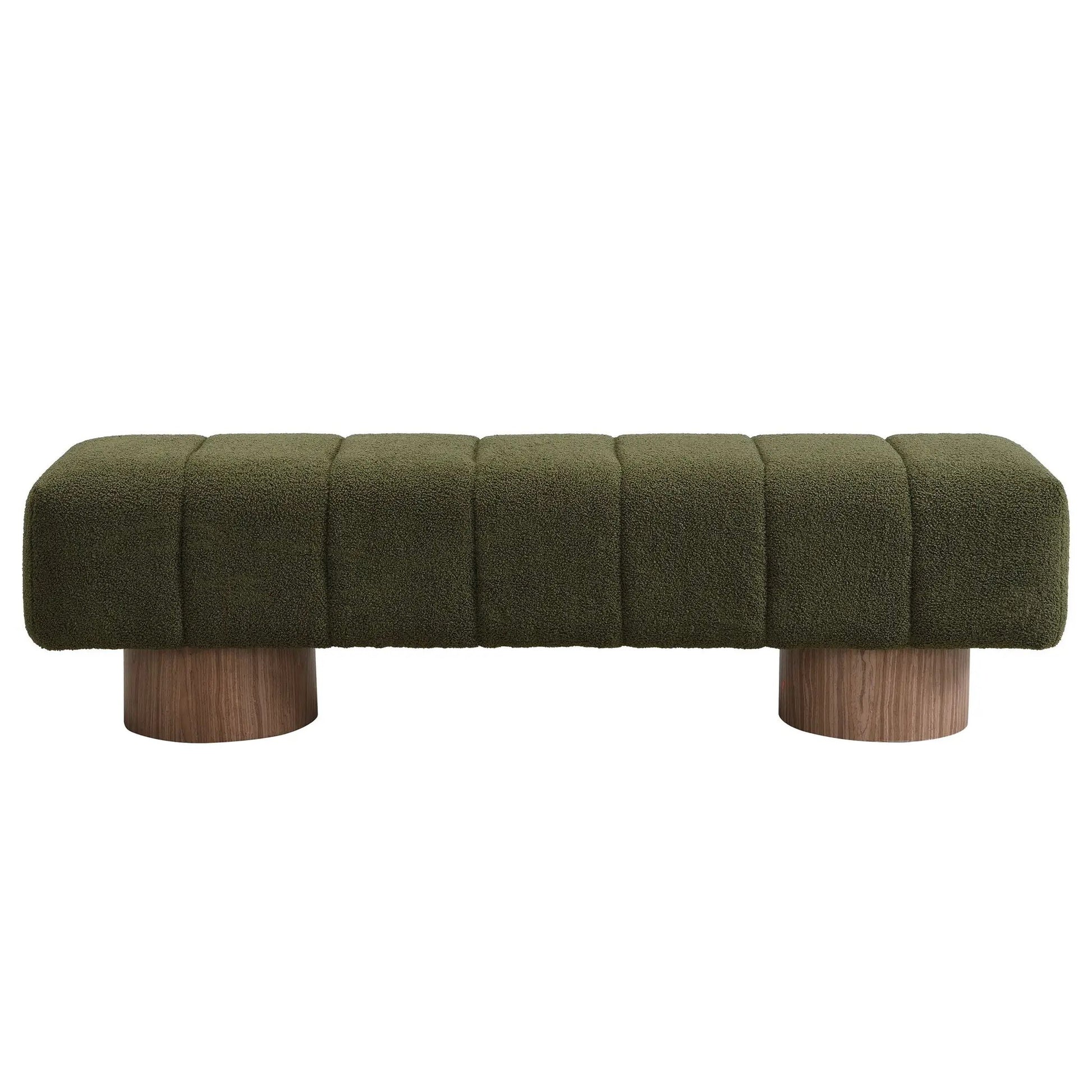 Upholstered dining bench olive green boucle with tufted sections and solid wood legs on Tampa Home & Garden Store