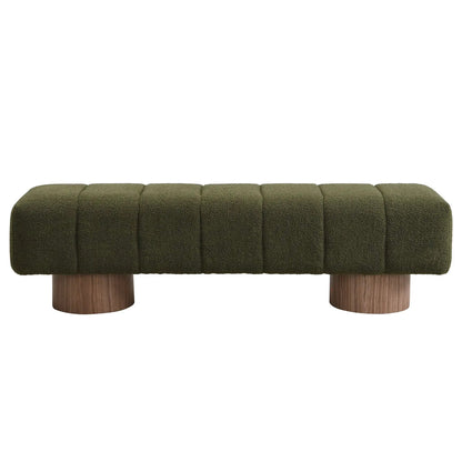 Upholstered dining bench olive green boucle with tufted sections and solid wood legs on Tampa Home & Garden Store