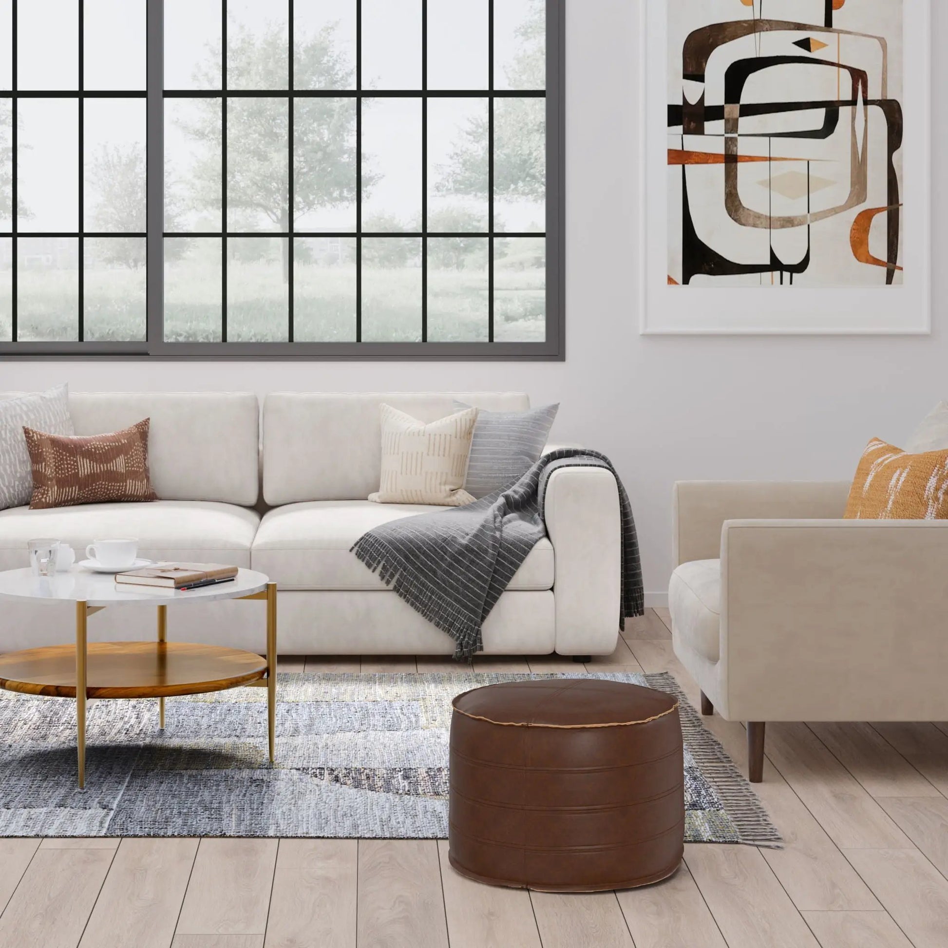 Brody - Round Pouf, brown leather accent pouf by Unique Piece Furniture on Tampa Home & Garden Store