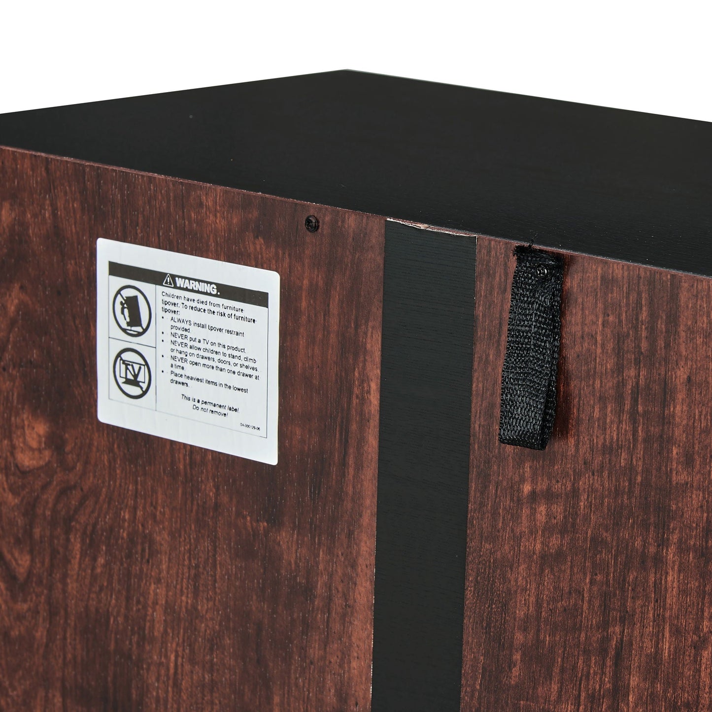 Tall storage cabinet with dark brown wood veneer and black top; side shows warning label on Tampa Home & Garden Store