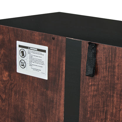 Tall storage cabinet with dark brown wood veneer and black top; side shows warning label on Tampa Home & Garden Store