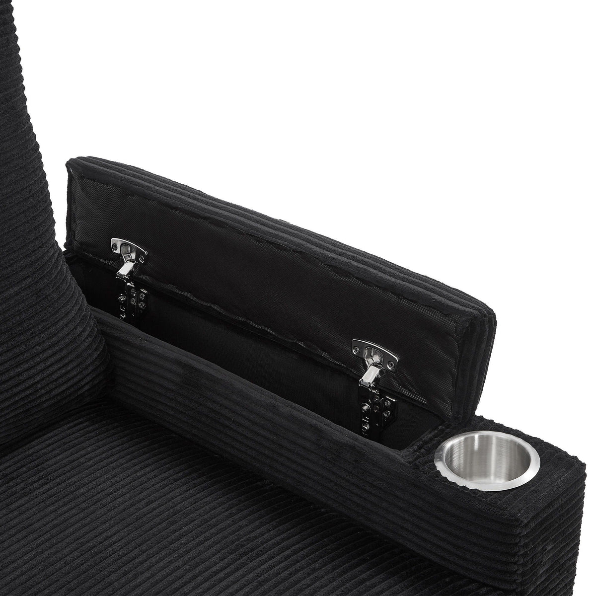 HouseOfZazla black sleeper ottoman with ribbed fabric storage lid and cup holders on Tampa Home & Garden Store