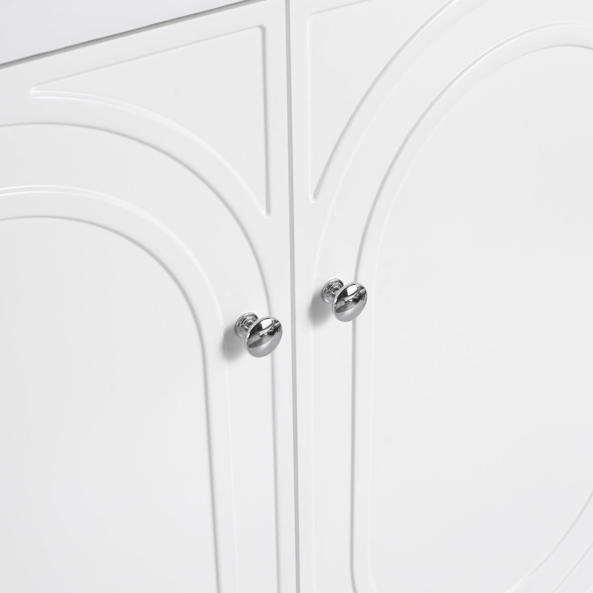 Freestanding bathroom vanity white finish with raised panel doors, chrome knobs and soft-close hardware on Tampa Home & Garden Store