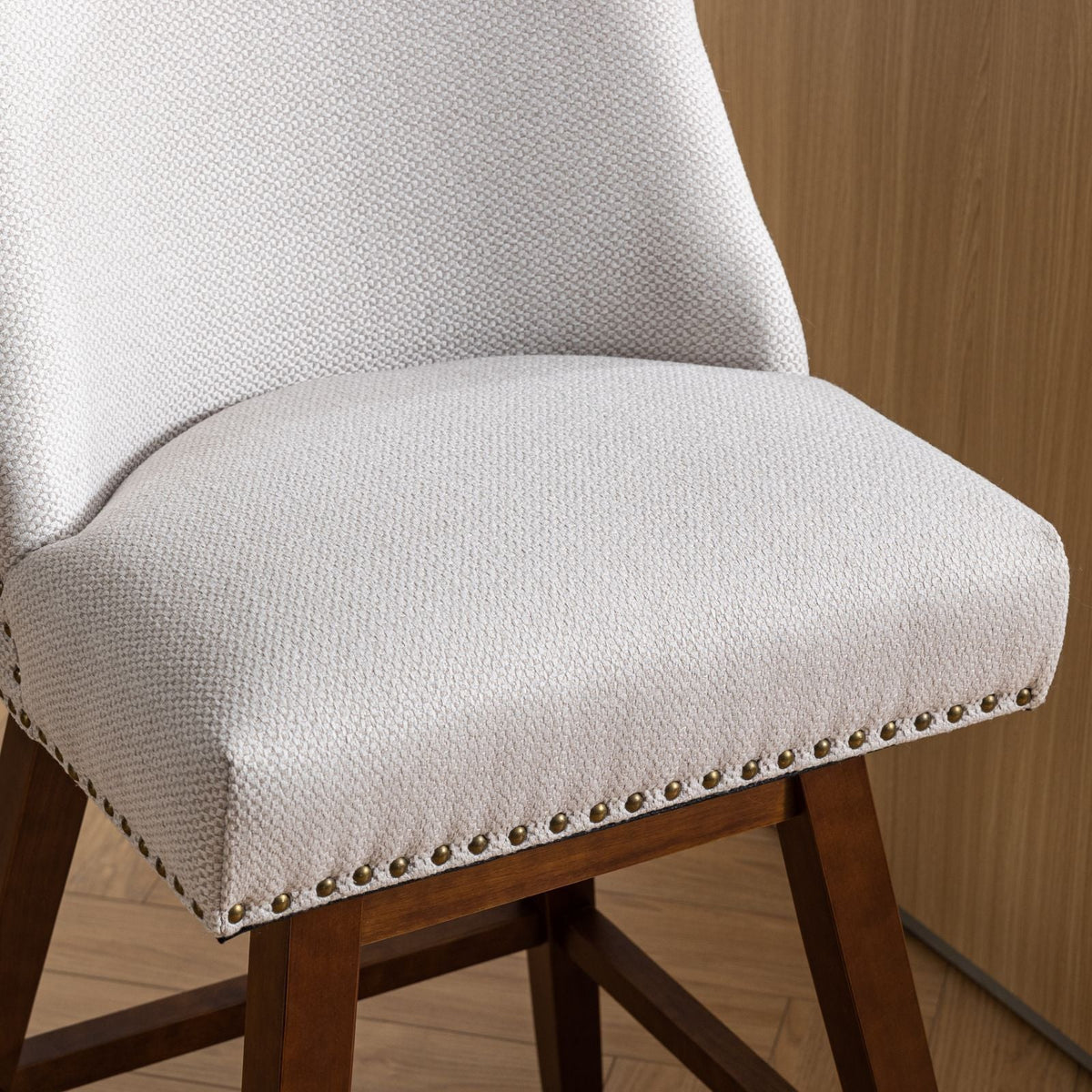 Counter Height Swivel Barstools, Set of 2 beige fabric with nailhead trim and wood legs on Tampa Home & Garden Store